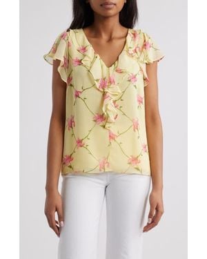 Cece Floral Ruffle Trim Top - Metallic
