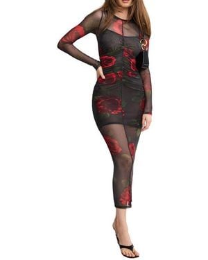GOOD AMERICAN Ruched Long Sleeve Mesh Maxi Dress - Black