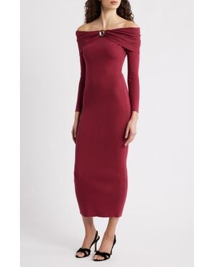 Petal & Pup Lindsey Off The Shoulder Long Sleeve Rib Dress - Red
