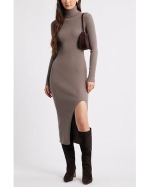 Open Edit Rib Long Sleeve Turtleneck Sweater Dress - Brown