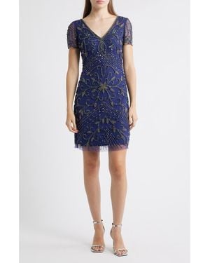 Pisarro Nights Beaded Double V-Neck Dress - Blue