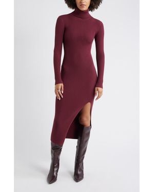 Open Edit Rib Long Sleeve Turtleneck Sweater Dress - Red