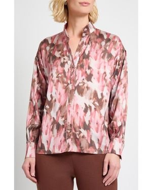 Misook Brushstroke Print Crêpe De Chine Button-Up Shirt - Red