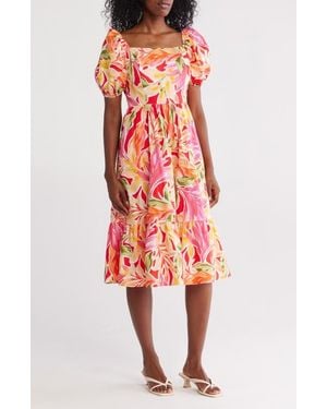 Vince Camuto Square Neck Puff Sleeve Cotton Midi Dress - Red