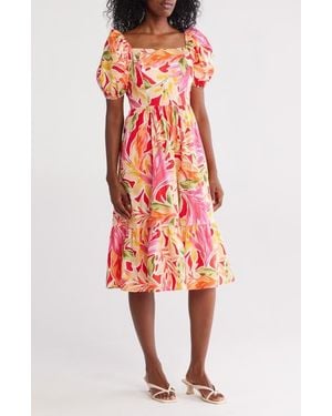 Vince Camuto Square Neck Puff Sleeve Cotton Midi Dress - Red