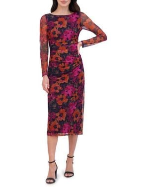 Vince Camuto Abstract Floral Long Sleeve Mesh Midi Dress in Blue | Lyst