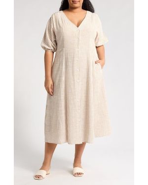 Max Studio Yarn Dye Puff Sleeve Maxi Dress - Natural