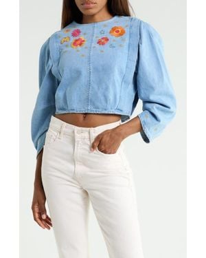 Mother The Heyday Embroidered Puff Sleeve Denim Top - Blue
