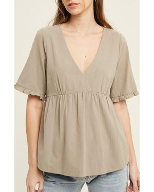 Wishlist V-Neck Elbow-Length Sleeve Babydoll Top - Natural