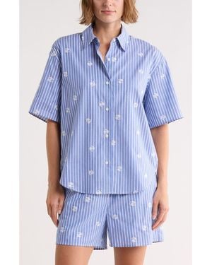 Rag & Bone Ella Oversize Embroidered Short Sleeve Button-Up Shirt - Blue