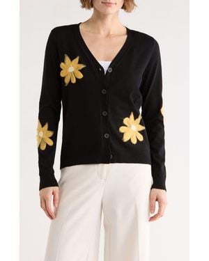 DR2 by Daniel Rainn Floral Appliqué V-Neck Cardigan - Black