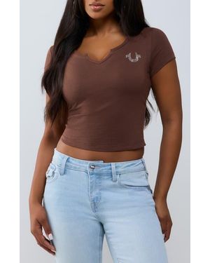 TRUE RELIGION Crystal Logo Notched Neck Baby Tee - Blue