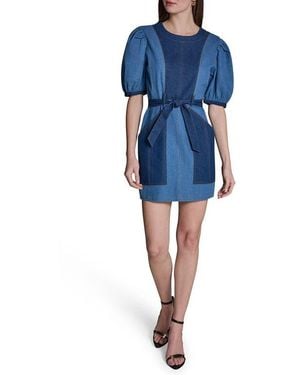 BCBGMAXAZRIA Tie Waist Puff Sleeve Denim Minidress - Blue