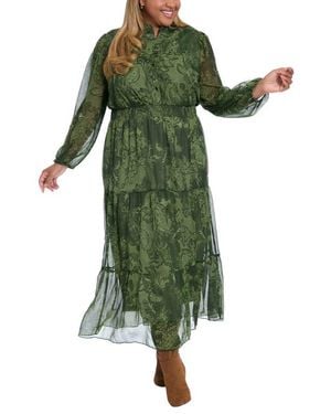 London Times Paisley Long Sleeve Tiered Chiffon Maxi Dress - Green