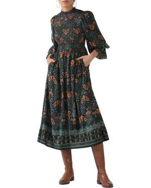 CELINA MOON Nia Smocked Long Sleeve Midi Dress - Black
