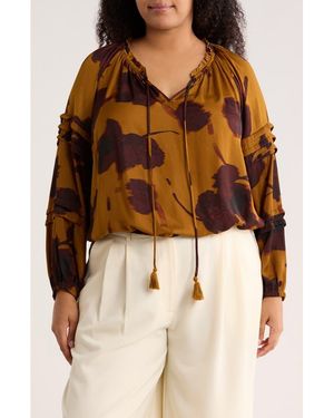 DR2 by Daniel Rainn Tie Front Long Sleeve Satin Top - Brown