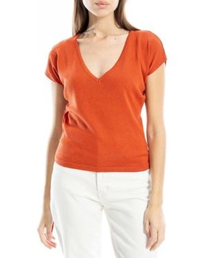 Max Studio Side Ruched Short Sleeve V-Neck Sweater - Orange