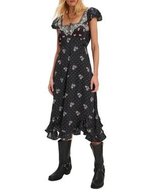 Free People Haven Embroidered Lace Trim Satin Midi Dress - Black