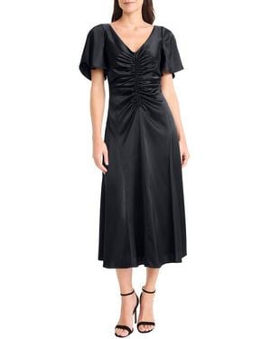 Maggy London Flutter Sleeve Ruched Satin Midi Dress - Black