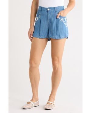 Tahari Floral Embroidered Chambray Shorts - Blue