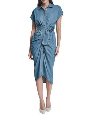 DKNY Ruched Belted Denim Shirtdress - Blue