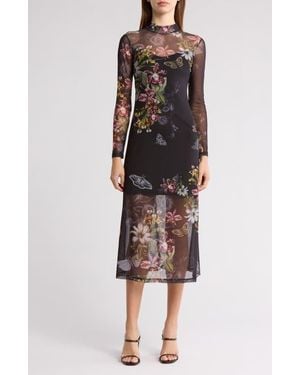 AllSaints Hanna Floral Long Sleeve Mesh Dress - Black