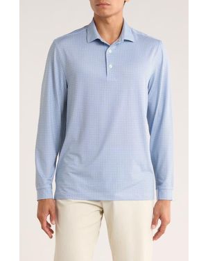 Greg Norman Knotweed Print Long Sleeve Performance Golf Polo - Blue