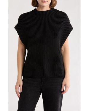 Leith Mock Neck Cap Sleeve Cotton Blend Sweater - Black