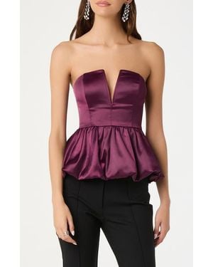 Astr Satin Strapless Plunge Peplum Top - Purple