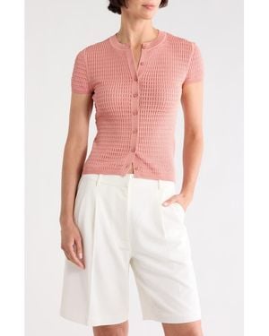 Calvin Klein Pointelle Short Sleeve Button Front Cardigan - Pink