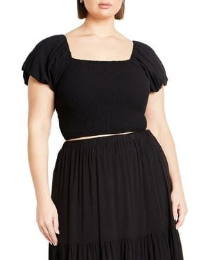 City Chic Dylan Smocked Puff Sleeve Crop Top - Black