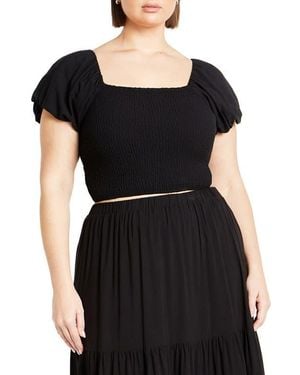 City Chic Dylan Smocked Puff Sleeve Crop Top - Black