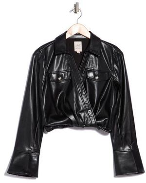 Cinq À Sept Veronique Faux Leather Surplice Top - Black