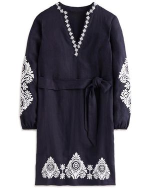Boden Cleo Embroidered Long Sleeve Linen Dress - Blue