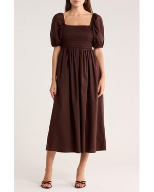 Wayf Puff Sleeve Smocked Midi Dress - Brown