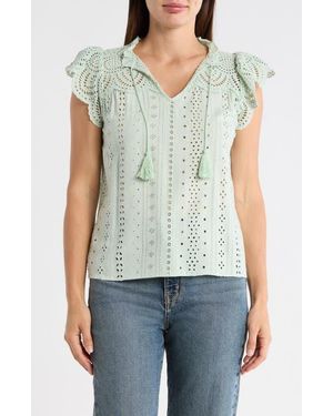 Tahari Embroidered Eyelet Cap Sleeve Top - Green