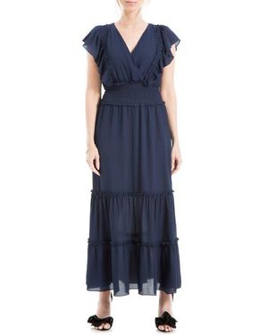 Max Studio Pebble Crepe Flutter Sleeve Maxi Dress - Blue
