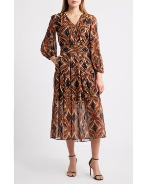 Julia Jordan Metallic Fleck Abstract Print Long Sleeve Chiffon Dress - Brown