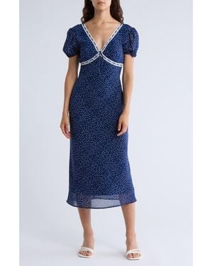 Lush Lace Trim Puff Sleeve Empire Waist Midi Dress - Blue