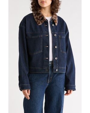 Sanctuary Faux Fur Collar Crop Denim Jacket - Blue