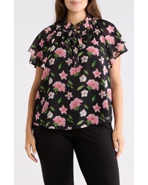 Catherine Malandrino Floral Flutter Sleeve Top - Black
