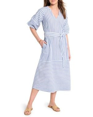 NIC+ZOE Mixed Stripe Belted Double Gauze Midi Dress - Blue