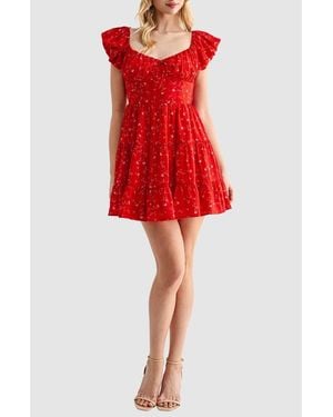 Lush Floral Puff Sleeve Fit & Flare Minidress - Red