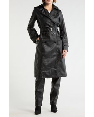 Max Studio Faux Leather Long Trench Coat - Black