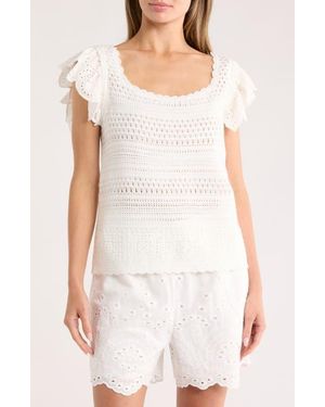 Nicole Miller Square Neck Crochet Sweater - White