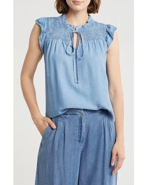 INDUSTRY REPUBLIC CLOTHING Smocked Cap Sleeve Chambray Top - Blue