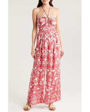 Poupette Claudia Wide Leg Halter Cover-Up Jumpsuit - Red