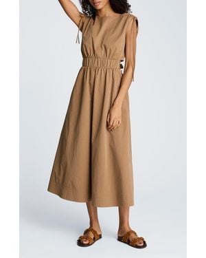 Kenneth Cole Cutout Detail Ruched Waist Stretch Cotton Midi Dress - Natural
