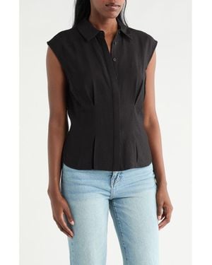 Pleione Cap Sleeve Pleated Button-Up Shirt - Black