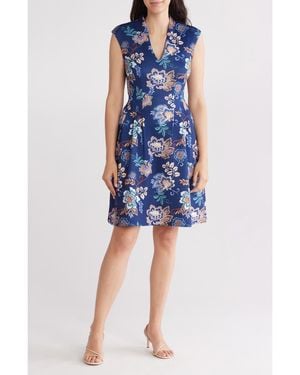 Vince Camuto Floral Scuba Knit Fit & Flare Dress - Blue